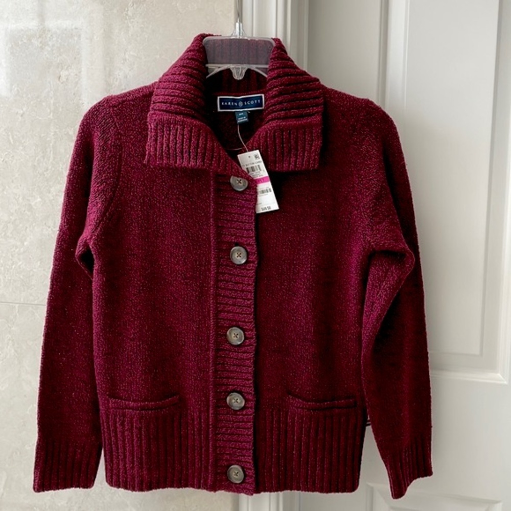 Karen Scott Petite Cardigan, Size PP (0P), Merlot Marl (Burgundy), NWT